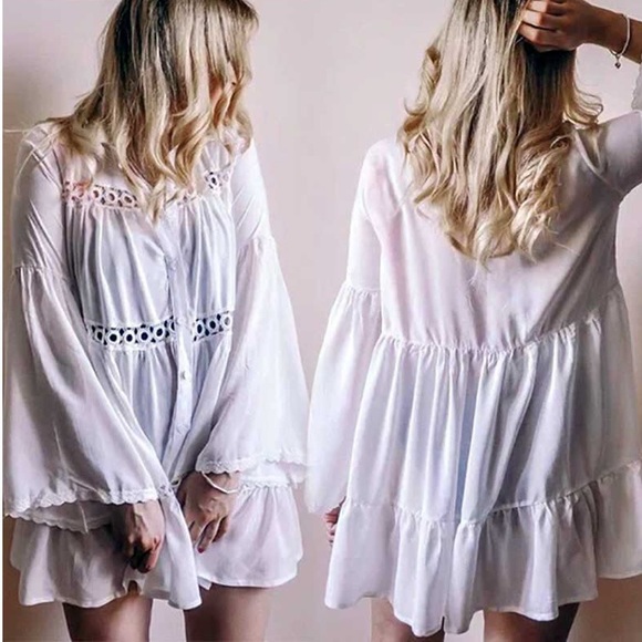 White Boho Button Up Long Sleeve Coverup Top - Picture 3 of 5